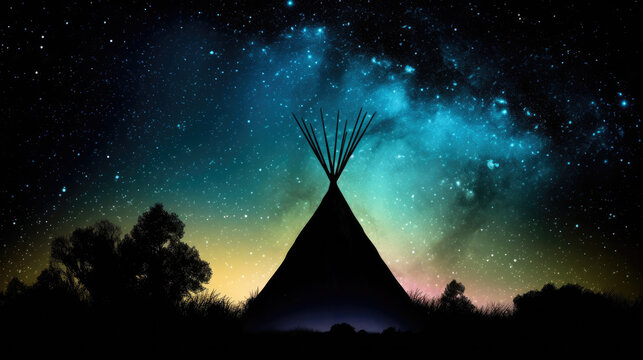teepee indian tent standing in beautiful night landscape. generative ai.