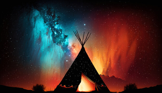 teepee indian tent standing in beautiful night landscape. generative ai.