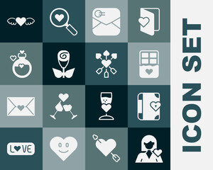 Set Romantic girl, Love diary, Chocolate bar, Envelope with Valentine heart, Flower rose, Bottle love potion, Heart wings and Amour and arrow icon. Vector
