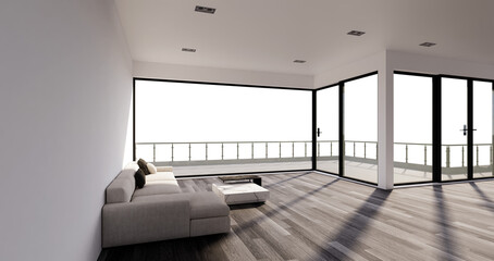 window, empty room has a sofa and a wooden center table. And the balcony that looks out the window can take pictures of the newly decorated scenery. Create a bright and inviting atmosphere.