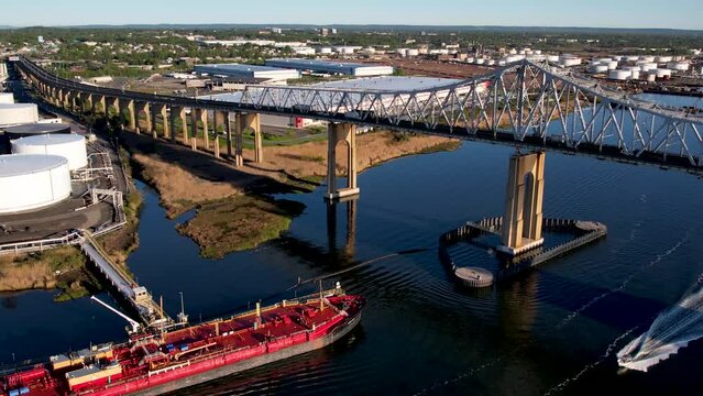 Aerial view of  Outerbridge Crossing and chemical cargo ship in Perth Amboy, NJ