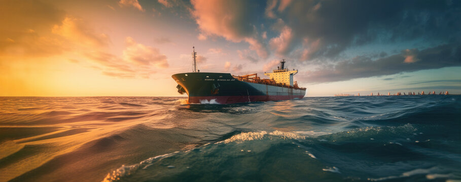 Oil tanker traveling the dusk or sunset seas. Backbone of global trade and logistics. Extra wide format. Hand edited generative AI.
