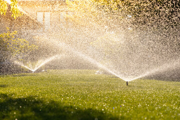 Morning Freshness: Green Lawn Watered by Automatic Sprinklers. Business wallpaper with a garden...