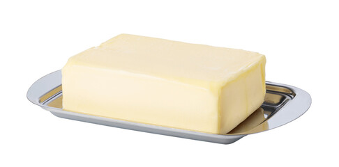 Butter on silver butter dish on transparent background. png file