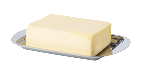 Butter on silver butter dish on transparent background. png file
