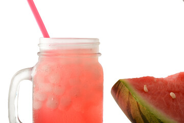 Detail of jar with cold watermelon drink with ice isolated