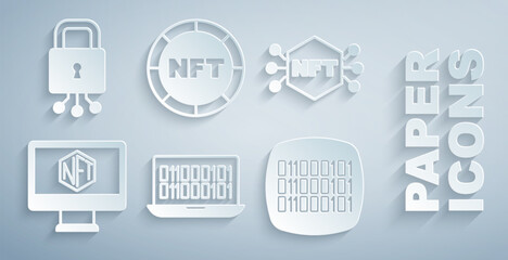 Set Binary code, NFT Digital crypto art, Monitor with store app, and Cyber security icon. Vector