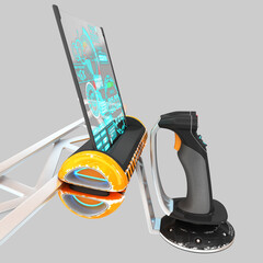 3D model of a universal remote device for various types of transport. Panel with joystick and buttons and projection screen with movable mechanism.