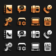 Set Headphoneswith settings, Telephone handset, FAQ information, Laptop, 24 hours support, Phone book and icon. Vector