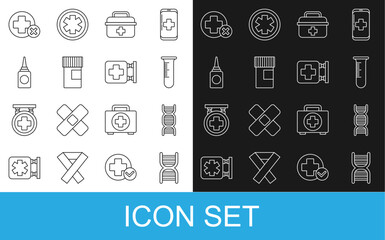 Set line DNA symbol, Test tube and flask, First aid kit, Medicine bottle, Bottle nasal spray, Cross hospital medical and Hospital signboard icon. Vector