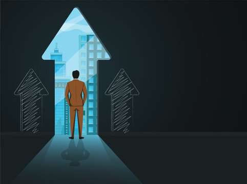 Infographics vector of a businessman looking out of the door of opportunities and success. The door is in the shape of an arrow going upward showing growth in business. empty space for text available.
