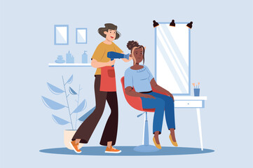 Beauty salon blue concept with people scene in the flat cartoon design. Woman came to a beauty salon to get her hair done. Vector illustration.