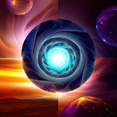 Colorful dynamic twirl in space, fantasy abstract design. Generative AI.