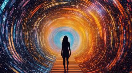 Person in a vortex, tunnel to a new life or heaven. Concept of soul life after death. Starting something new. Spirituality, incarnation and karma. Generative AI. - obrazy, fototapety, plakaty