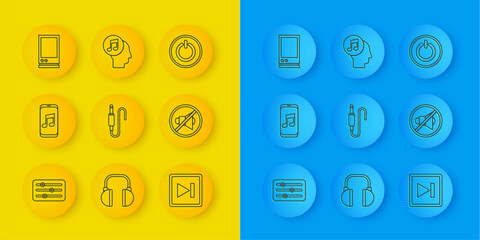 Set line Sound mixer controller, Music player, Audio jack, Fast forward, Speaker mute, Voice assistant, Power button and Musical note in human head icon. Vector