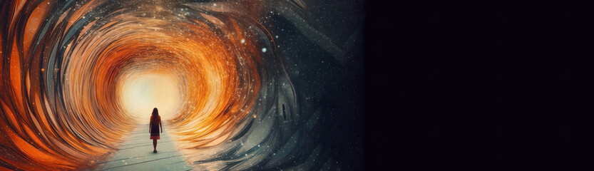 Person in a vortex, tunnel to a new life or heaven. Concept of soul life after death. Starting something new. Spirituality, incarnation and karma. Generative AI.