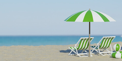3d rendering. Beautiful beach. Chairs on the sandy beach near the sea. Summer holiday and vacation concept for tourism. Inspirational tropical landscape. Tranquil scenery, relaxing beach