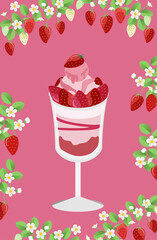 Hand drawn greeting card, invitation. Delicious strawberry Sundae. Summer sale, post template.