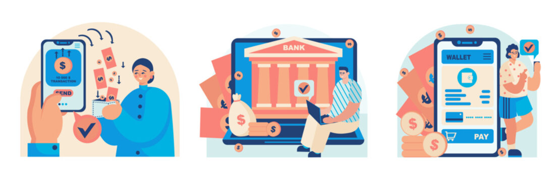 Online banking in illustrations. Set of pictures about payment from electronic wallet