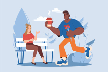 Lateness blue concept with people scene in the flat cartoon design. Man is in hurry with coffee and flowers for a date with the girl. Vector illustration.