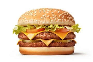 Grilled Hamburger on White Background. Isolated Beef Burger Meal Fast Food. Generative AI illustrations.