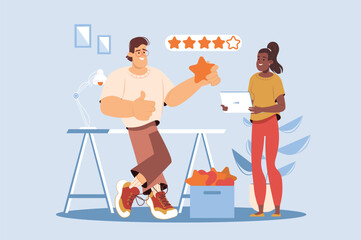Best feedback blue concept with people scene in the flat cartoon design. Two employees analyze customer feedback about their work. Vector illustration.