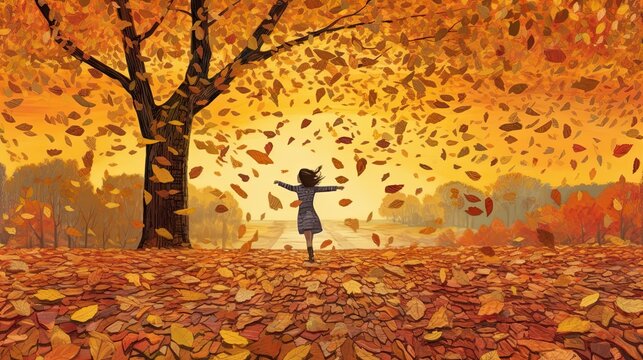 A happy little girl is dancing under a tree in autumn, leaves are falling down on her (Generative AI, Generativ, KI), generative ai, generativ, ki