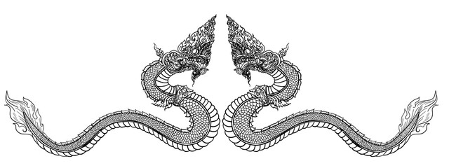 Thai Traditional tattoo design.The Naga is king of snake and Thai dragon live in Himmapan Forest.Hand drawn The Naga tattoo and coloring book.Animal of Buddhism
