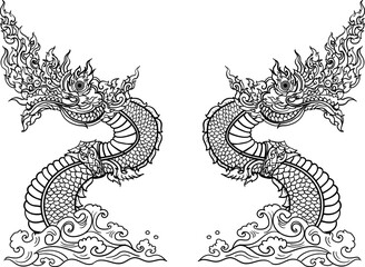 Thai Traditional tattoo design.The Naga is king of snake and Thai dragon live in Himmapan Forest.Hand drawn The Naga tattoo and coloring book.Animal of Buddhism - obrazy, fototapety, plakaty