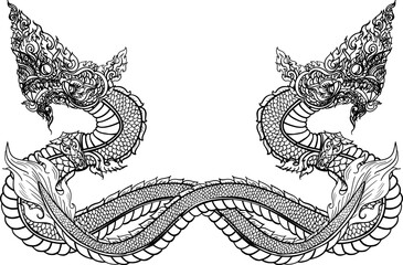 Thai Traditional tattoo design.The Naga is king of snake and Thai dragon live in Himmapan Forest.Hand drawn The Naga tattoo and coloring book.Animal of Buddhism - obrazy, fototapety, plakaty