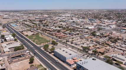 El Centro, California, USA - May 27, 2022: Afternoon sunlight shines on the urban downtown core of...