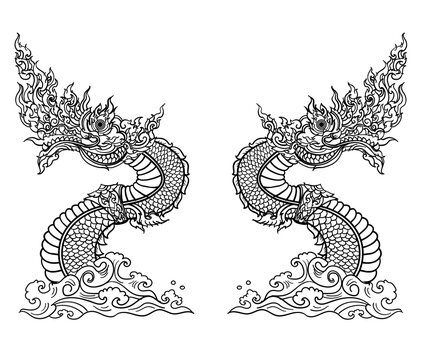 Thai Traditional tattoo design.The Naga is king of snake and Thai dragon live in Himmapan Forest.Hand drawn The Naga tattoo and coloring book.Animal of Buddhism