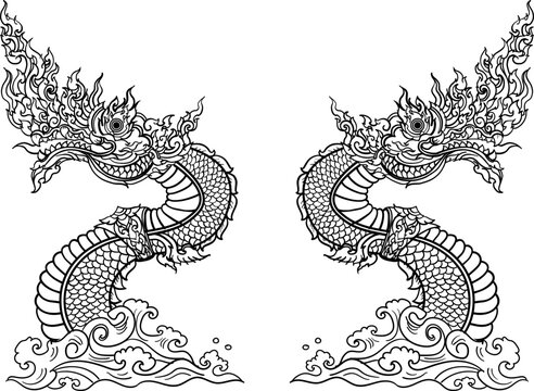 Thai Traditional tattoo design.The Naga is king of snake and Thai dragon live in Himmapan Forest.Hand drawn The Naga tattoo and coloring book.Animal of Buddhism