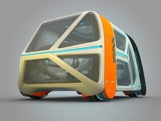 Transport of the future. Car flying above the ground, against a foggy horizon, the concept of a flying car Possible. Individual design. Designed for multiple passengers. 3D illustration.