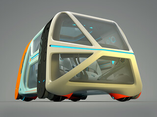 Transport of the future. Car flying above the ground, against a foggy horizon, the concept of a flying car Possible. Individual design. Designed for multiple passengers. 3D illustration.