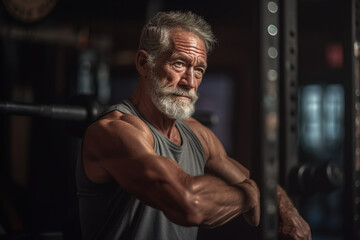 Fototapeta na wymiar Muscular senior man in a gym room. generate by ai