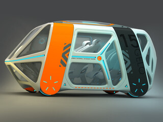 Transport of the future. Car flying above the ground, against a foggy horizon, the concept of a flying car Possible. Individual design. Designed for multiple passengers. 3D illustration.