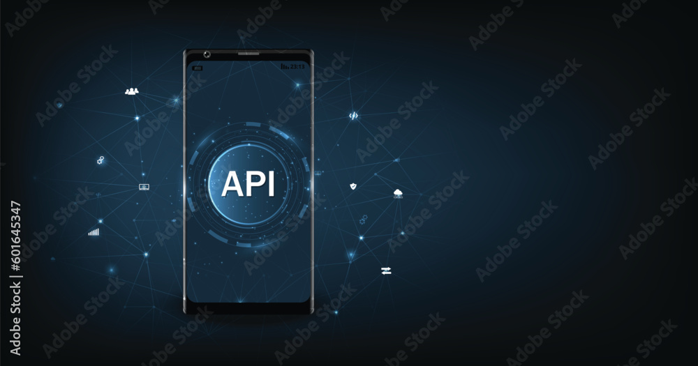 Poster smartphone with api abbreviation.application programming interface (api) concept. information techno