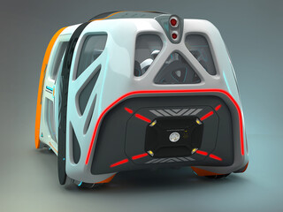 Transport of the future. Car flying above the ground, against a foggy horizon, the concept of a flying car Possible. Individual design. Designed for multiple passengers. 3D illustration.