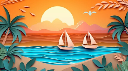 Fototapeta na wymiar Sea view in summer. Summer sea scenery. Summer time. paper cut and craft style. illustration. Generative AI