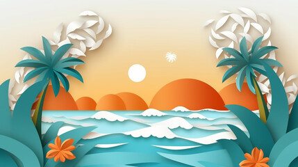 Fototapeta na wymiar Sea view in summer. Summer sea scenery. Summer time. paper cut and craft style. illustration. Generative AI