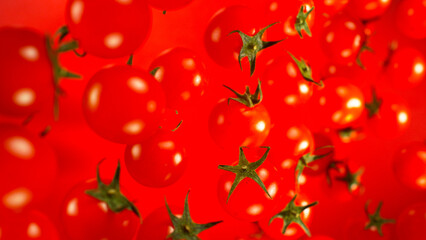 Freeze motion of flying fresh cherry tomatoes, macro shot