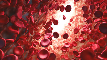 a close-up of red blood cells flowing through a vein, displaying the characteristic sickle shape Generative AI - obrazy, fototapety, plakaty