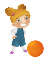 cartoon scene with school girl playing ball having fun illustration for children