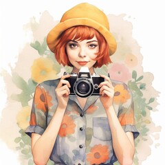 Watercolor Portrait of Fashion Girl with a Hat and Camera, Immersed in Beauty