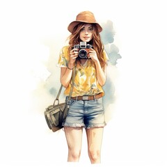 Watercolor Long Hair Girl with a Hat, Bag, and Camera