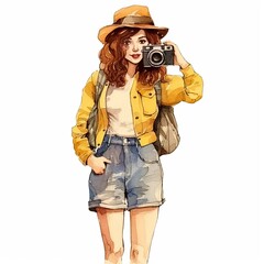 Watercolor Portrait of a Girl with Yellow Jacket, Hat and Camera