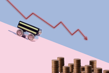 Car made with battery going down on bright light pastel background with declining arrow and coins....