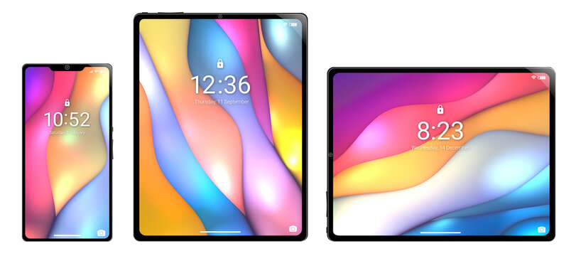 Generic phone and tablets lock screens with 3D art wallpaper. Set of three. PNG format with transparency.