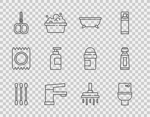 Set line Cotton swab for ears, Toilet bowl, Bathtub, Water tap, Nail scissors, Bottle of shampoo, Shower head and Tube toothpaste icon. Vector